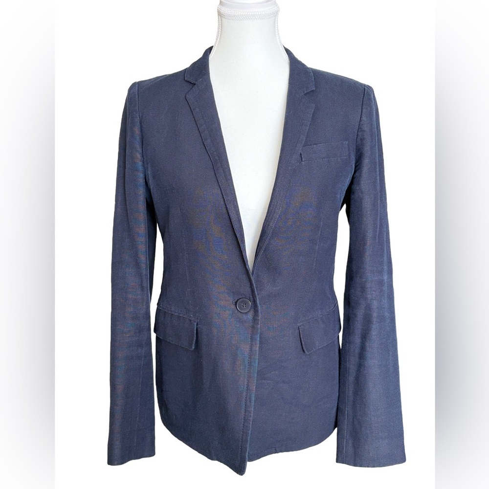 J.Crew 100% Linen Blazer Size 6 Navy Blue Tailored Single Button Career Jacket